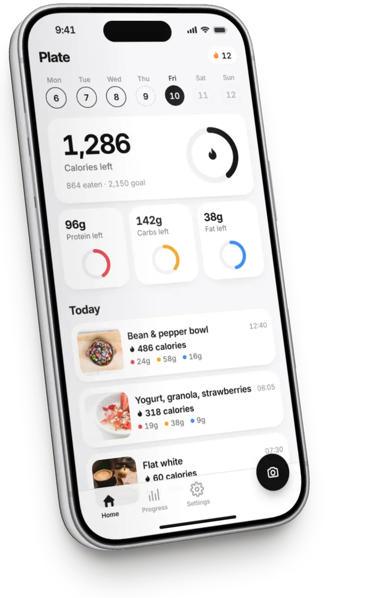 Illustration of a calorie tracker app: 1,286 calories left today, protein, carbs and fat, and three logged meals with photos.
