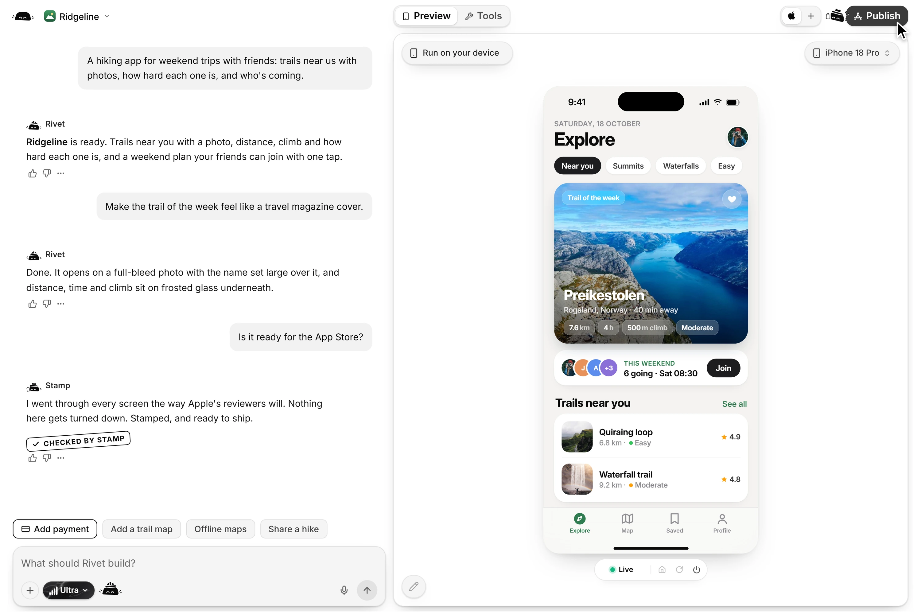 Borel's workspace: a hiking app called Ridgeline being built in Swift, checked by Stamp and ready to publish.